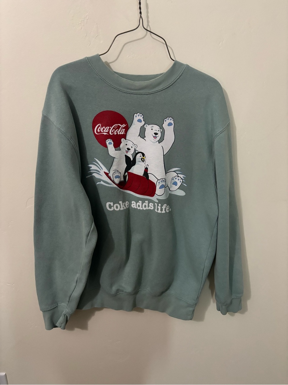 Coca Cola Light Sage Green Crewneck Sweatshirt with Polar Bear Graphic
